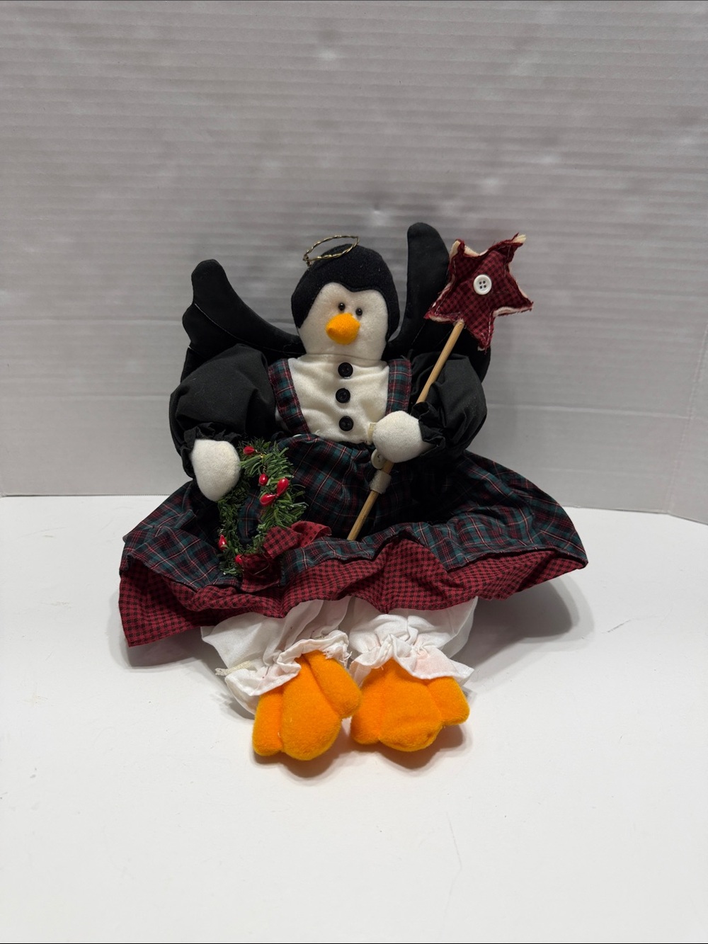 1996 Vintage Handmade Penguin Angel Holiday Doll with Wreath and Star